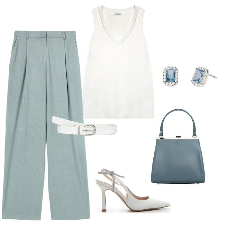 Outfit donna - Vento fresco. Stile Chic per Ufficio. Abbinamento con cinture, orecchini, clutch, décolleté, pantaloni a palazzo, top.