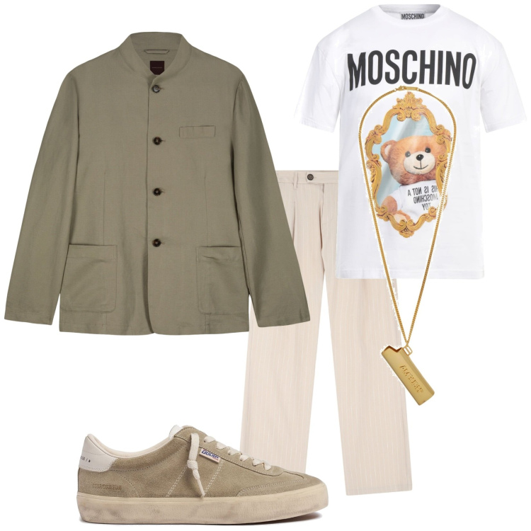 Outfit uomo - Total look #2167643. Stile Trendy per Tutti i giorni. Abbinamento con t-shirt, collane, pantaloni, giacche, sneakers.
