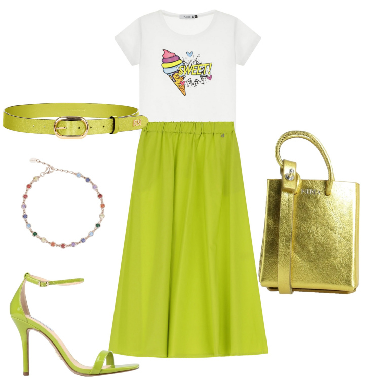 Outfit donna - Mi vesto di verde. Stile Trendy per Tutti i giorni. Abbinamento con borse a spalla, sandali col tacco, braccialetti, cinture, t-shirt, gonne longuette.