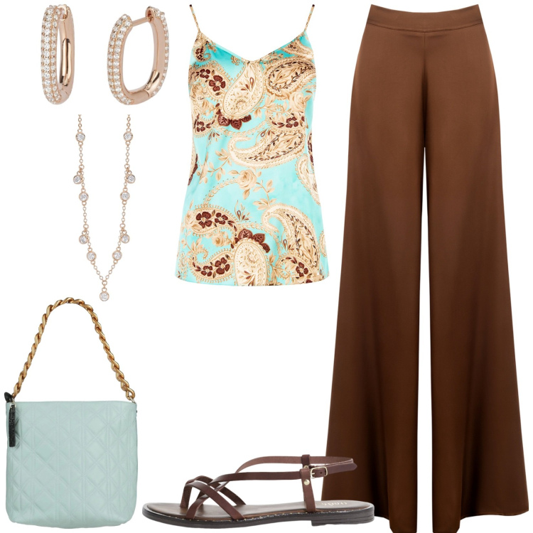 Outfit donna - Calde mattine di giugno. Stile Casual chic per Tutti i giorni. Abbinamento con borse a mano, pantaloni a palazzo, top, collane, orecchini, sandali.