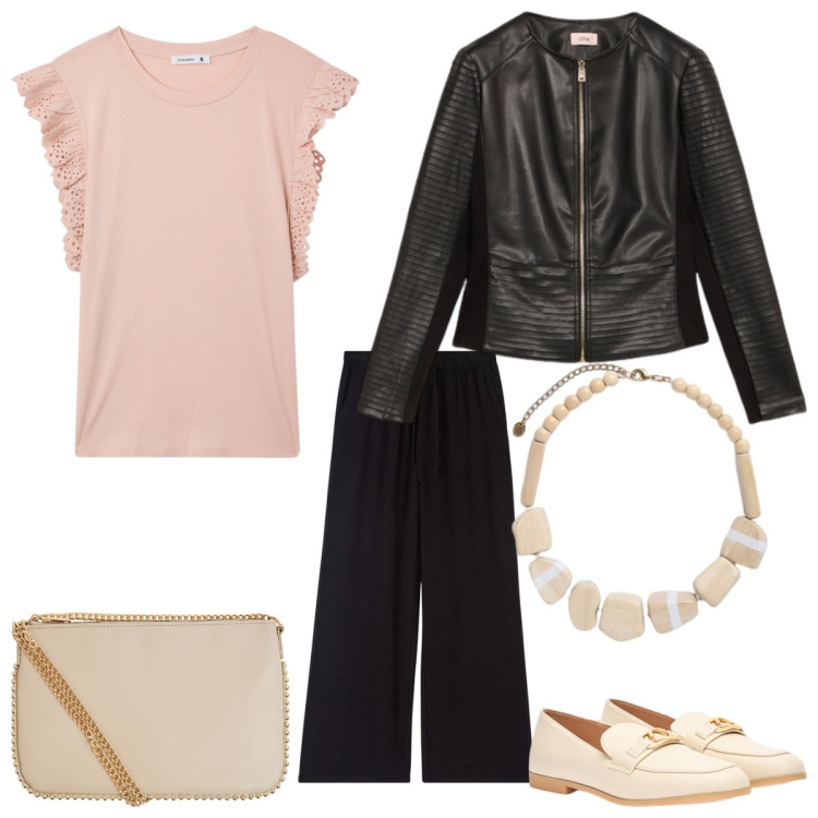 Outfit donna - Comunione. Stile Casual chic per Cerimonia. Abbinamento con pantaloni, t-shirt, borse a tracolla, giacche, mocassini, collane.