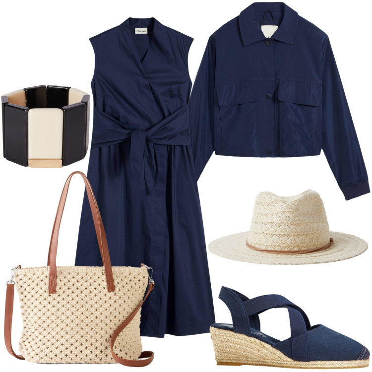 Outfit donna - Total look #2167669. Stile Casual per Tutti i giorni. Abbinamento con vestiti, borse a mano, blazer, sandali col tacco, cappelli, braccialetti.