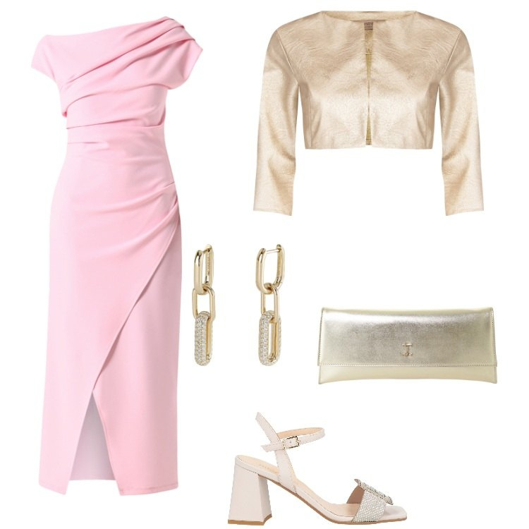 Outfit donna - Rosa e dorato. Stile Chic per Cerimonia. Abbinamento con sandali in pelle, orecchini, bolero, vestiti asimmetrici, pochette.