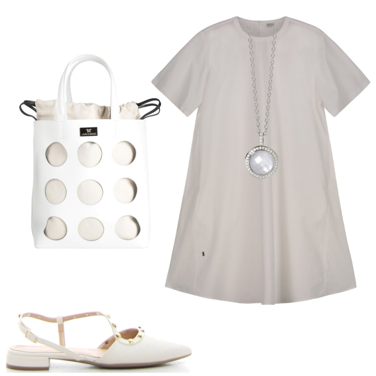 Outfit donna - In città. Stile Bon Ton per Tutti i giorni. Abbinamento con borse a mano, collane, vestiti corti, sandali in pelle.