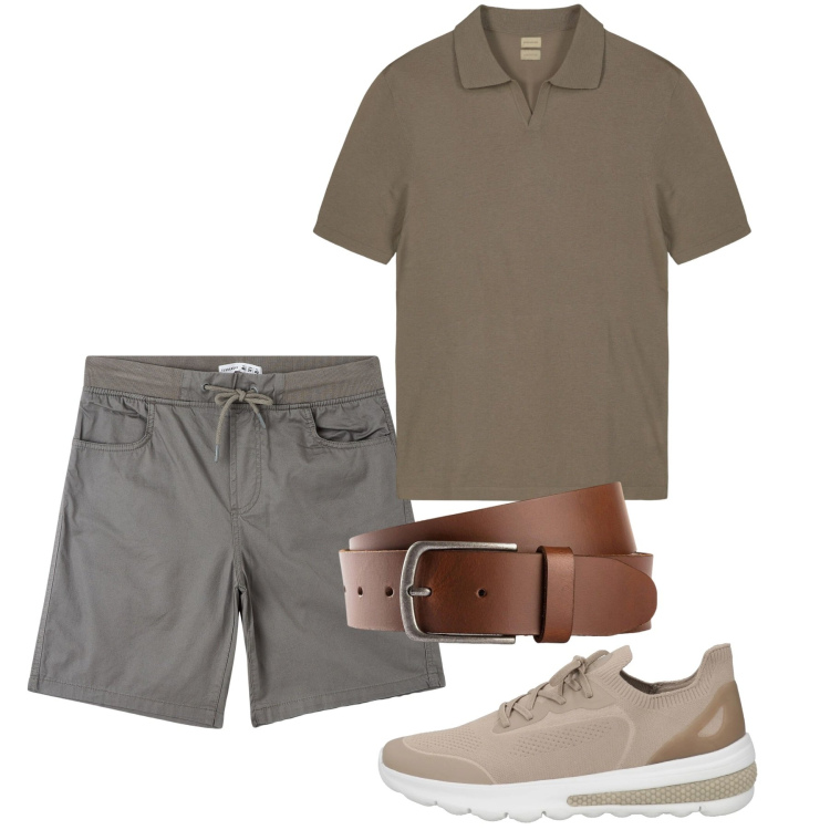 Outfit uomo - Fango. Stile Casual per Tutti i giorni. Abbinamento con cinture, sneakers, shorts, polo.