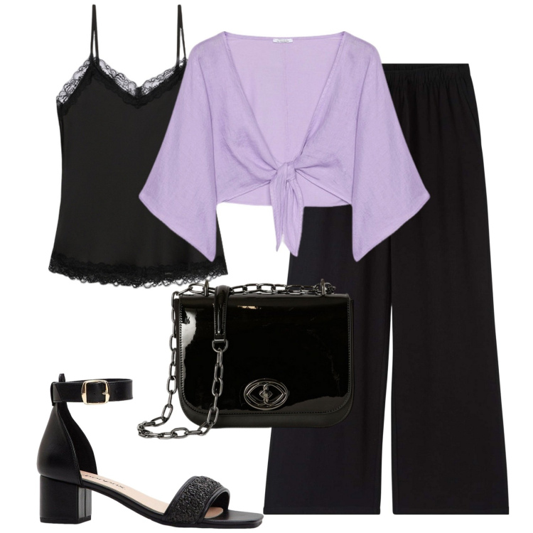 Outfit donna - Il coprispalle lilla. Stile Chic per Ufficio. Abbinamento con sandali col tacco, pantaloni, bolero, borse a tracolla, top.