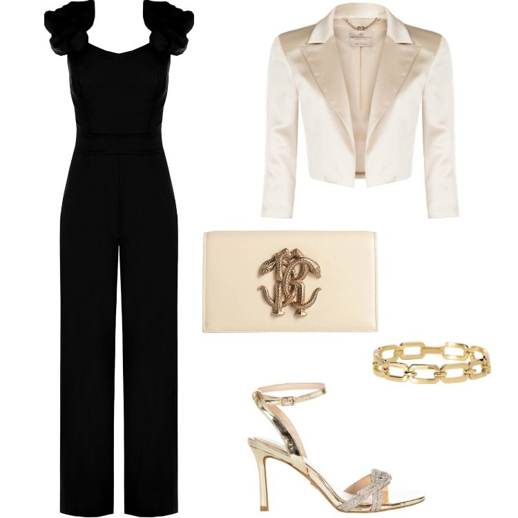 Outfit donna - Nero e Oro. Stile Chic per Cerimonia. Abbinamento con borse a mano, braccialetti, bolero, tute, sandali col tacco.