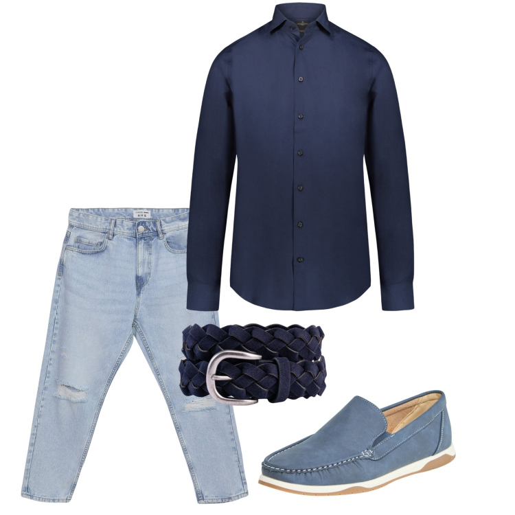 Outfit uomo - Blu. Stile Casual per Tutti i giorni. Abbinamento con scarpe stringate, jeans strappati, camicie, cinture.