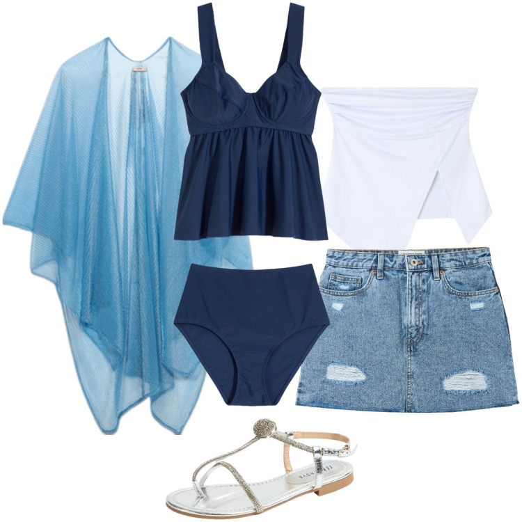 Outfit donna - Giornata al mare. Stile Casual chic per Mare. Abbinamento con costumi interi, minigonne, top, ciabatte, cappe.