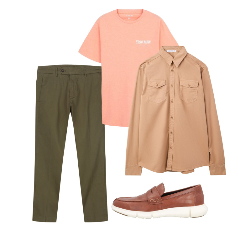 Outfit uomo - Pomeriggio. Stile Casual per Tutti i giorni. Abbinamento con scarpe stringate, camicie, t-shirt, pantaloni chino.