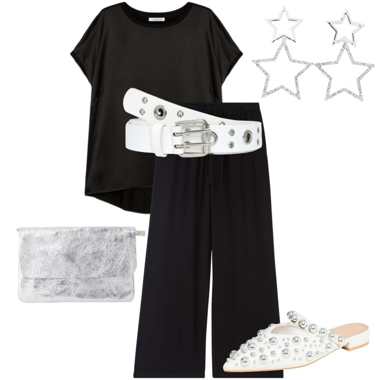 Outfit donna - Black and white. Stile Bon Ton per Serata fuori. Abbinamento con pantaloni, ballerine, cinture, orecchini, borse a tracolla, bluse.