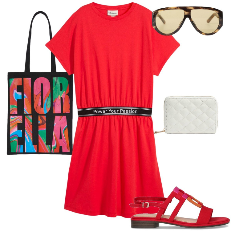 Outfit donna - Non solo rosso. Stile Casual chic per Tutti i giorni. Abbinamento con vestiti, portafogli, occhiali da sole, borse tote, sandali.