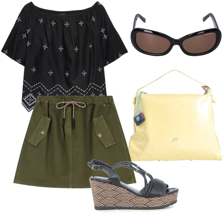 Outfit donna - La blusa etnica. Stile Etnico per Tutti i giorni. Abbinamento con borse a mano, minigonne, bluse, sandali in pelle, occhiali da sole.