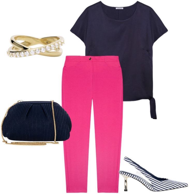 Outfit donna - Blu e fucsia. Stile Bon Ton per Serata fuori. Abbinamento con anelli, pochette, décolleté, pantaloni chino, bluse.