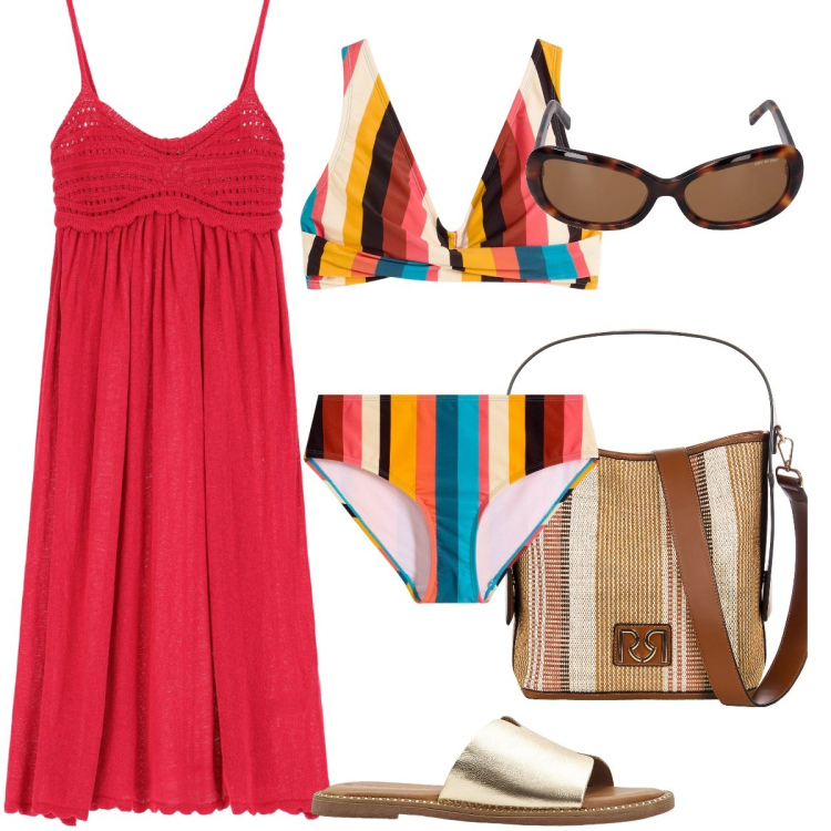 Outfit donna - Il bikini a righe. Stile Casual chic per Mare. Abbinamento con bikini, ciabatte, borse a secchiello, vestiti, occhiali da sole.