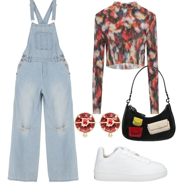 Outfit donna - Salopette sporty chic. Stile Sporty chic per Serata fuori. Abbinamento con sneakers, t-shirt, borse a mano, orecchini, salopette.