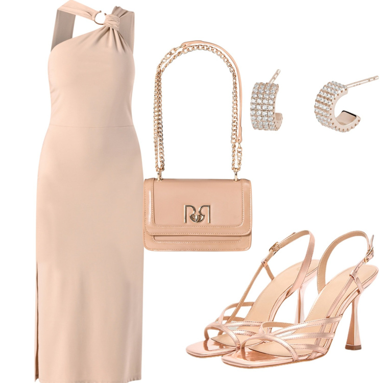 Outfit donna - Abito con Scollo Asimmetrico. Stile Chic per Cerimonia. Abbinamento con orecchini, vestiti asimmetrici, borse a tracolla, sandali col tacco.
