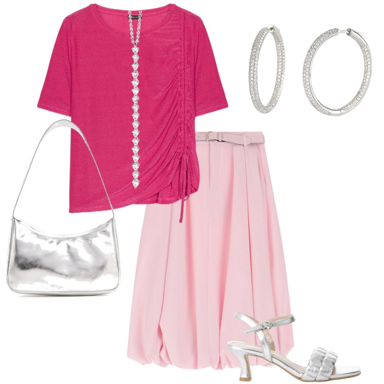 Outfit donna - Accessori argentati. Stile Romantica per Cerimonia. Abbinamento con orecchini, ciondoli, gonne longuette, sandali col tacco, t-shirt, borse a spalla.