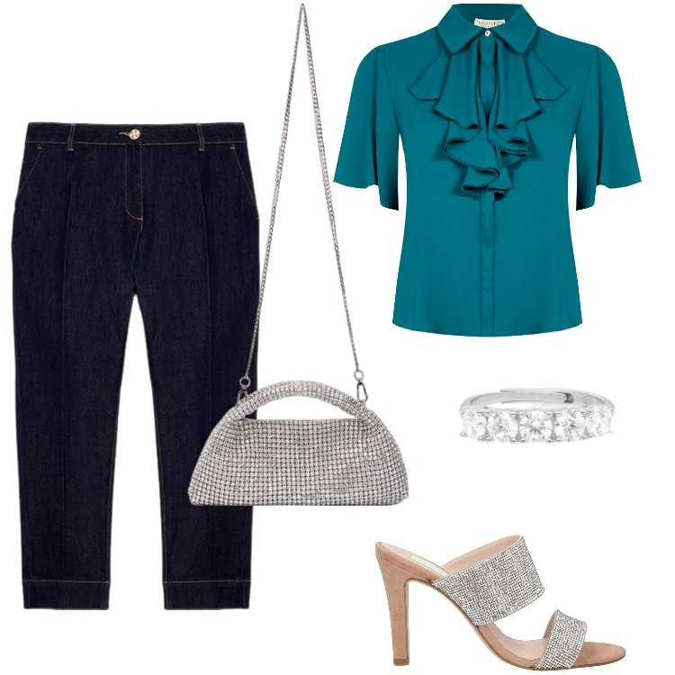 Outfit donna - Chic con i jeans. Stile Casual chic per Serata fuori. Abbinamento con sandali in pelle, anelli, bluse, jeans, clutch.