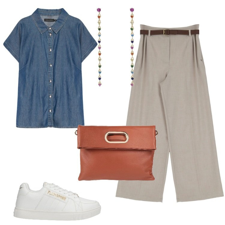 Outfit donna - Mannish con jeans. Stile Mannish per Serata fuori. Abbinamento con borse a mano, sneakers, orecchini, pantaloni, camicie a manica corta.