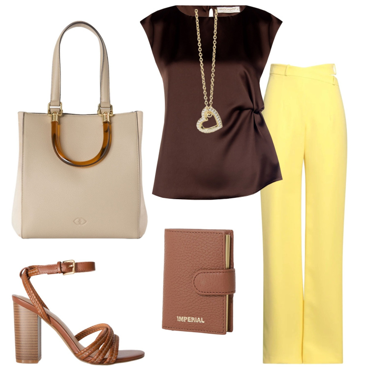 Outfit donna - Giallo/Marrone. Stile Casual per Tutti i giorni. Abbinamento con pantaloni, collane, top, portafogli, shopping bag, sandali col tacco.