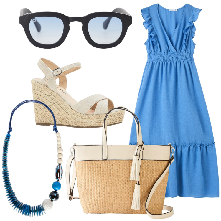 Outfit donna - Turchese come il mare. Stile Romantica per Tutti i giorni. Abbinamento con sandali, shopping bag, vestiti lunghi, occhiali da sole, collane.