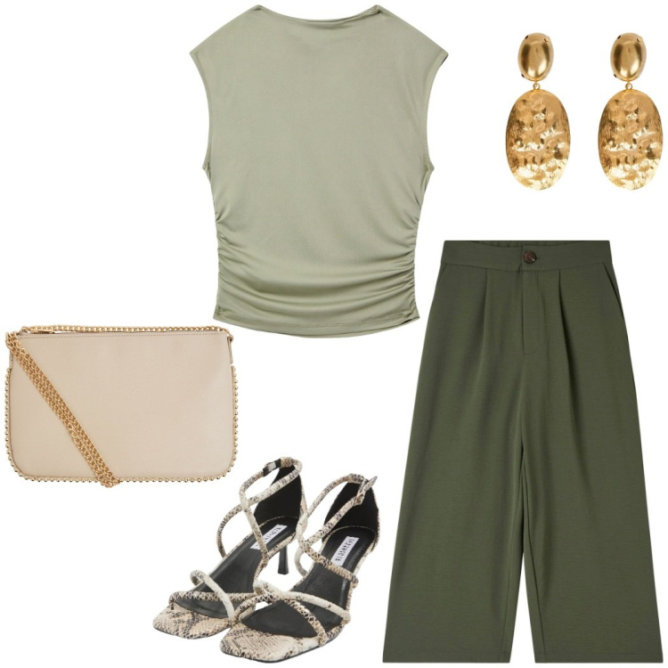 Outfit donna - Smanicata khaki. Stile Trendy per Serata fuori. Abbinamento con pantaloni a palazzo, sandali col tacco, borse a tracolla, t-shirt, orecchini.