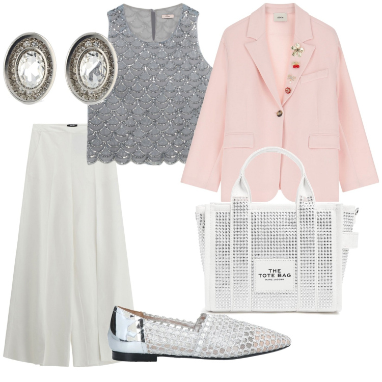 Outfit donna - Sono una invitata. per Cerimonia. Abbinamento con ballerine, pantaloni a palazzo, blazer, top, orecchini, borse tote.