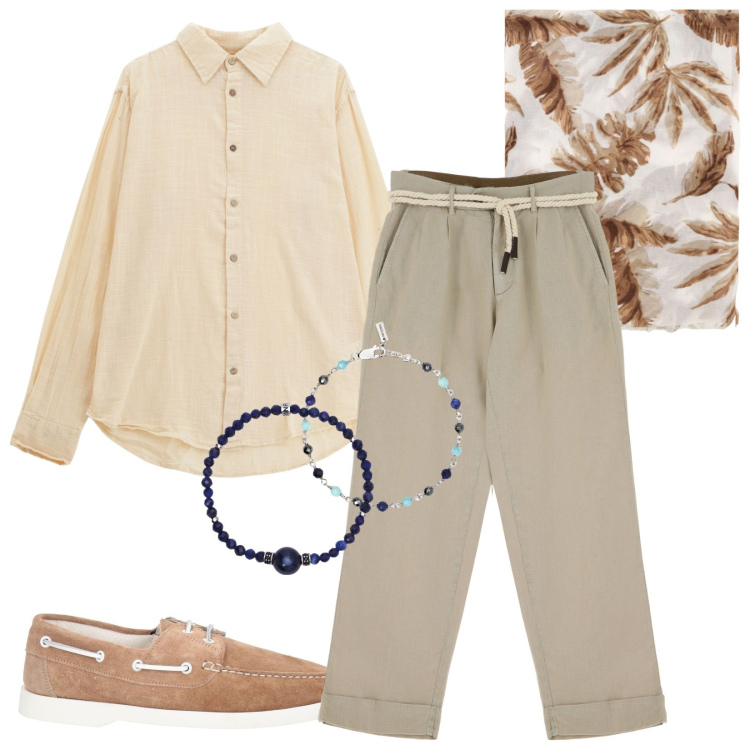 Outfit uomo - Relax Time!. Stile Trendy per Mare. Abbinamento con scarpe stringate, braccialetti, braccialetti, pantaloni chino, camicie, sciarpe e foulard.