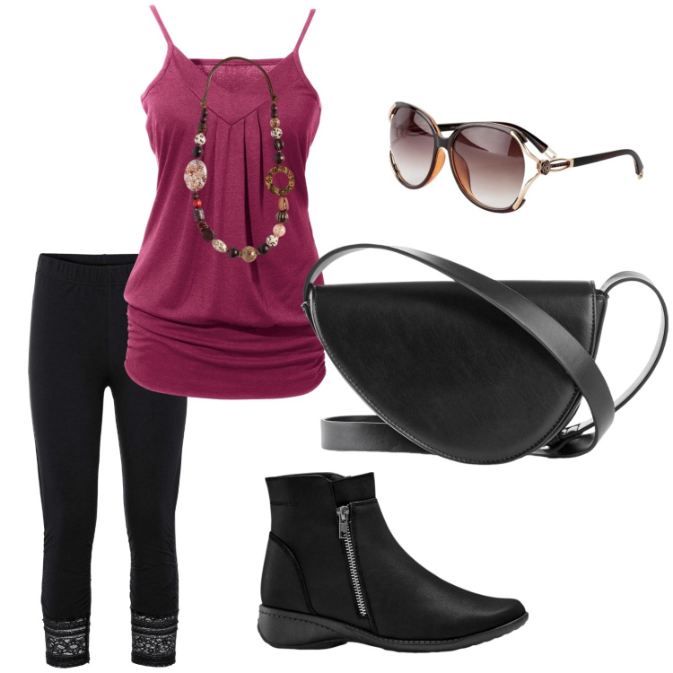 Outfit donna - Total look #2167747. Stile Urban per Tutti i giorni. Abbinamento con leggings, stivaletti, top, occhiali da sole, borse a tracolla, collane.