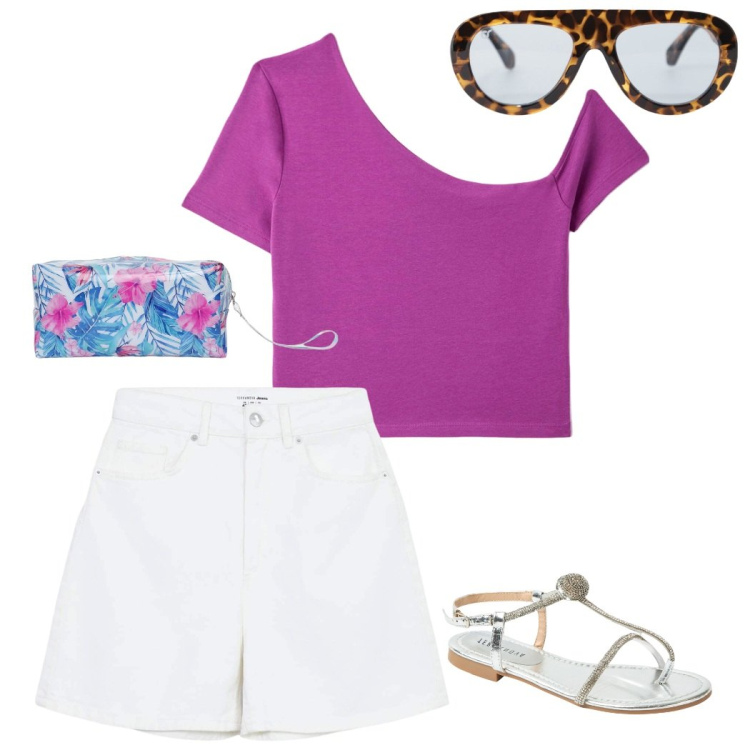 Outfit donna - Fuxia monospalla. Stile Glamour per Mare. Abbinamento con t-shirt, pochette, ciabatte, bermuda, occhiali da sole.