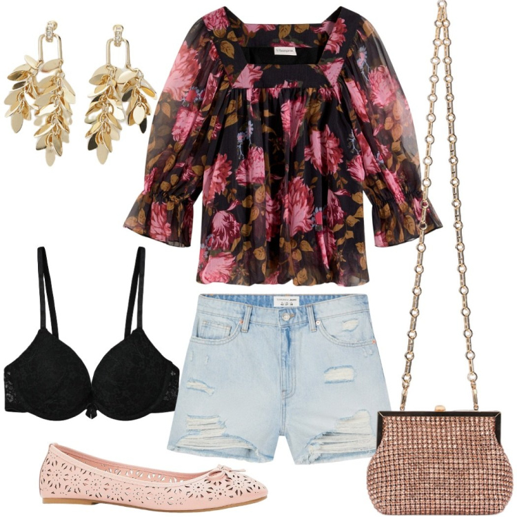 Outfit donna - Shorts di sera. Stile Casual chic per Serata fuori. Abbinamento con ballerine, bluse, shorts, reggiseni push-up, orecchini, clutch.