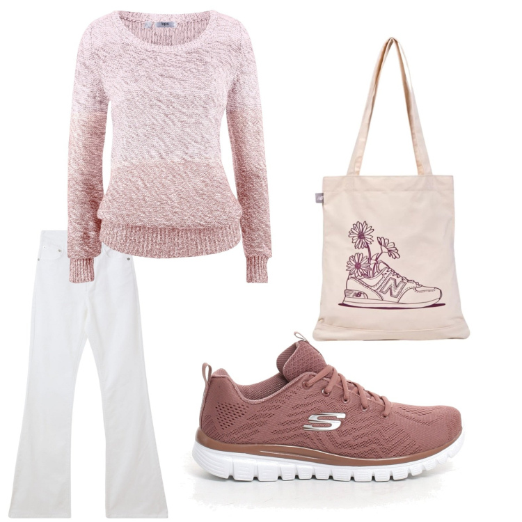 Outfit donna - Morbido rosa. Stile Urban per Tutti i giorni. Abbinamento con maglieria, jeans a zampa, shopping bag, sneakers.