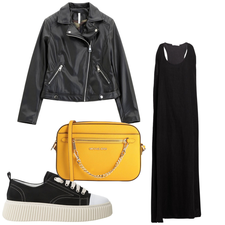 Outfit donna - Giallo rock. Stile Rock per Serata fuori. Abbinamento con vestiti midi/longuette, borse a tracolla, sneakers, blazer.