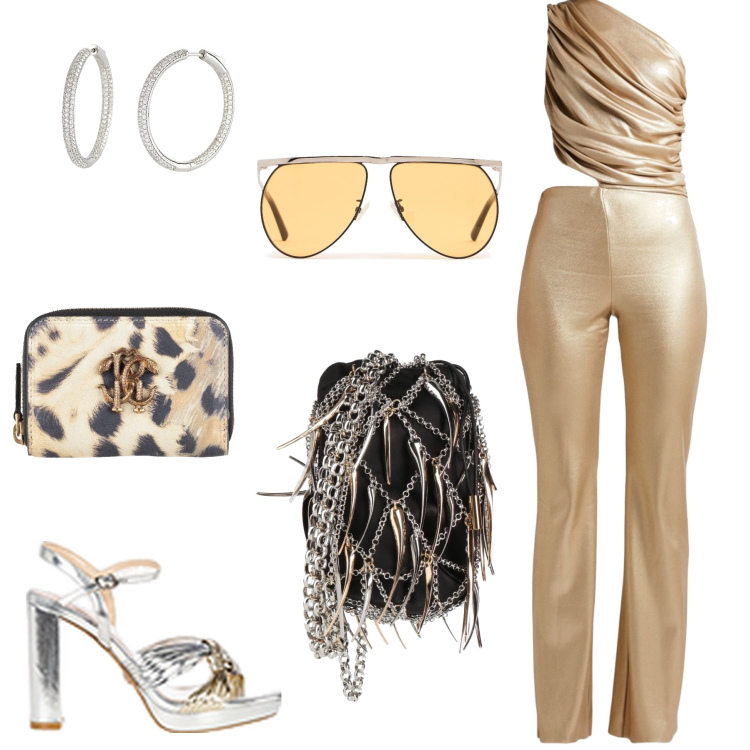 Outfit donna - Total look #2167768. Stile 70s per Serata fuori. Abbinamento con borse a spalla, tute, portamonete, orecchini, sandali in pelle, occhiali da sole.