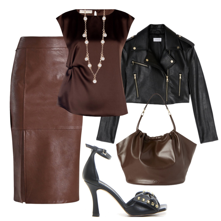 Outfit donna - Chic con grinta. Stile Glamour per Serata fuori. Abbinamento con collane, top, gonne longuette, blazer, sandali in pelle, borse a secchiello.