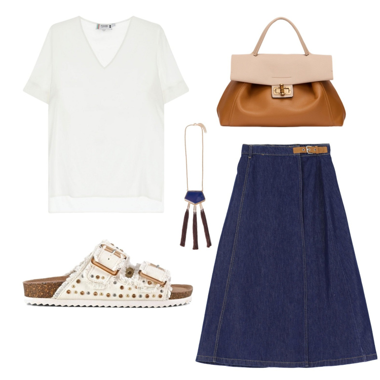 Outfit donna - Spensierata. Stile Casual chic per Tutti i giorni. Abbinamento con gonne lunghe, t-shirt, sandali, borse a tracolla, ciondoli.