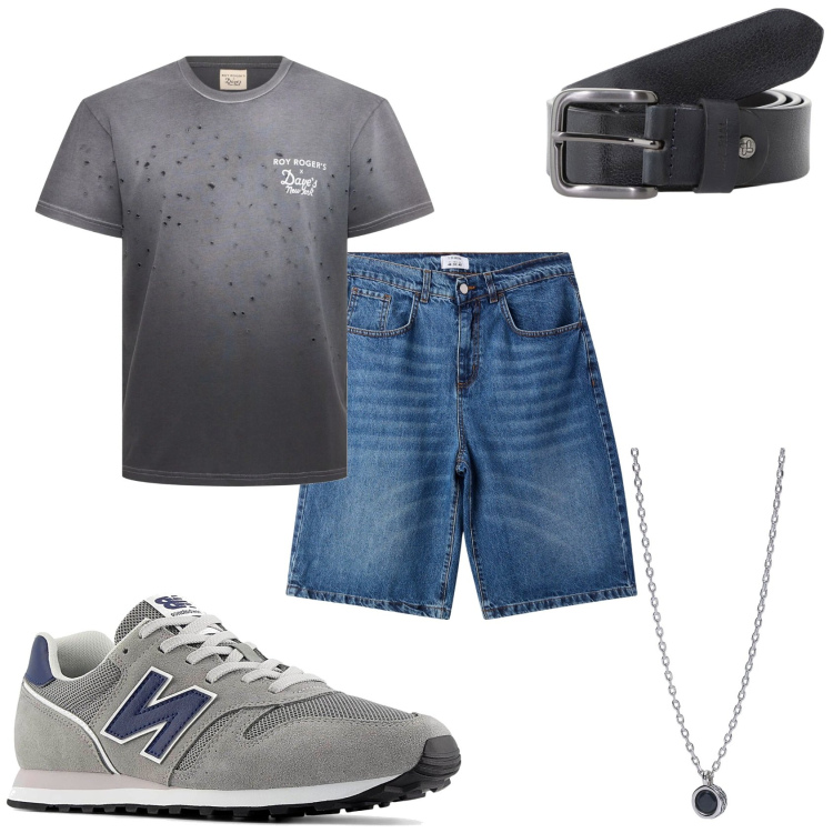Outfit uomo - Il pomeriggio di estate. Stile Casual per Tutti i giorni. Abbinamento con bermuda, collane, cinture, t-shirt, sneakers.