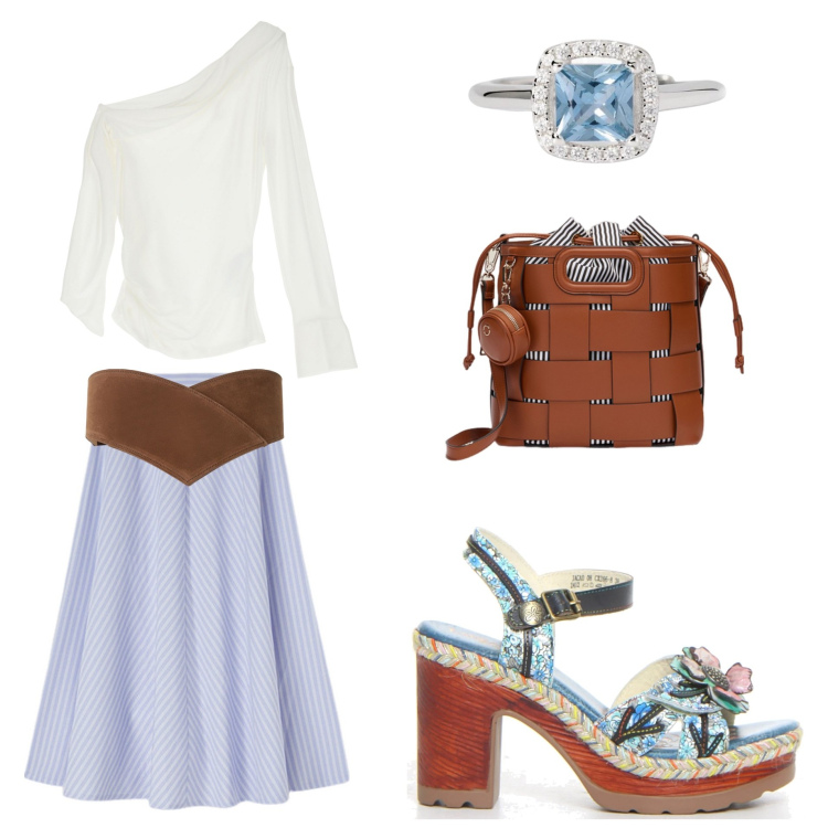 Outfit donna - Summer sky. Stile Vintage retrò per Tutti i giorni. Abbinamento con anelli, maglieria, cinture, sandali col tacco, gonne longuette, borse a secchiello.