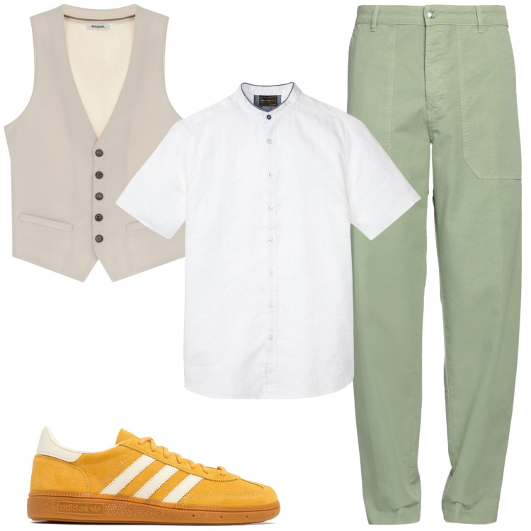 Outfit uomo - Total look. Stile Casual per Tutti i giorni. Abbinamento con camicie a manica corta, pantaloni, gilet, sneakers.