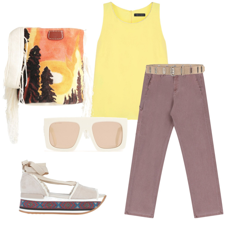 Outfit donna - Total look #2167815. Stile Casual per Tutti i giorni. Abbinamento con sandali in pelle, borse a spalla, cinture, jeans dritti, top, occhiali da sole.
