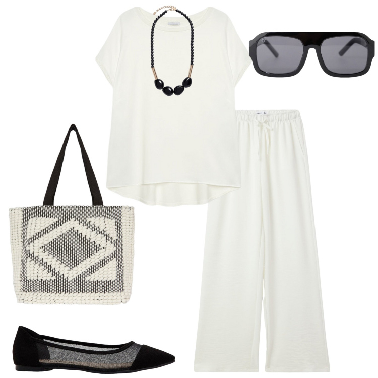 Outfit donna - In ufficio. Stile Casual chic per Ufficio. Abbinamento con ballerine, pantaloni, occhiali da sole, shopping bag, bluse, collane.