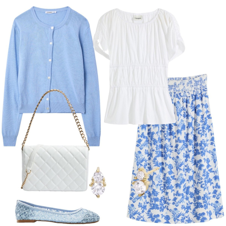 Outfit donna - Semplice. Stile Basic per Tutti i giorni. Abbinamento con ballerine, gonne, top, cardigans, borse a tracolla, orecchini.
