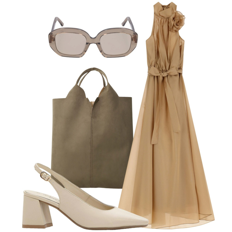Outfit donna - L\'abito glamour. Stile Glamour per Tutti i giorni. Abbinamento con décolleté, vestiti lunghi, shopping bag, occhiali da sole.