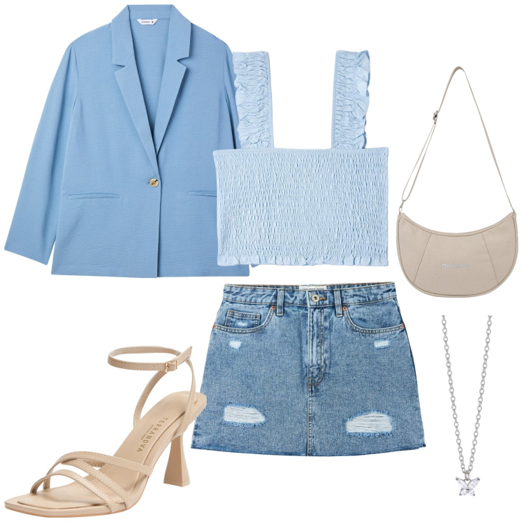 Outfit donna - Celeste come il cielo. Stile Casual chic per Ufficio. Abbinamento con top, blazer, minigonne, sandali col tacco, collane, borse a spalla.