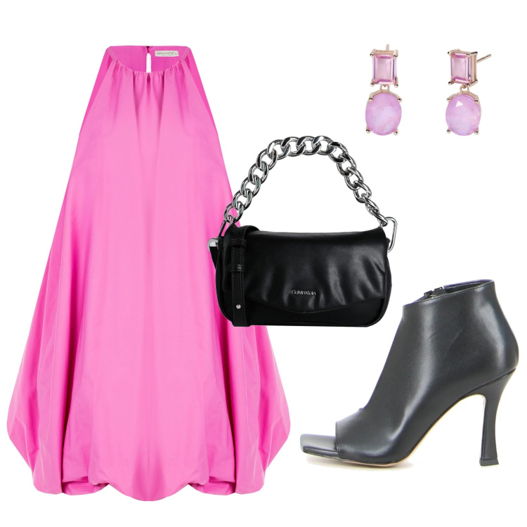 Outfit donna - Abito Baloon Rosa. Stile Chic per Serata fuori. Abbinamento con borse a mano, vestiti corti, orecchini, sandali col tacco.