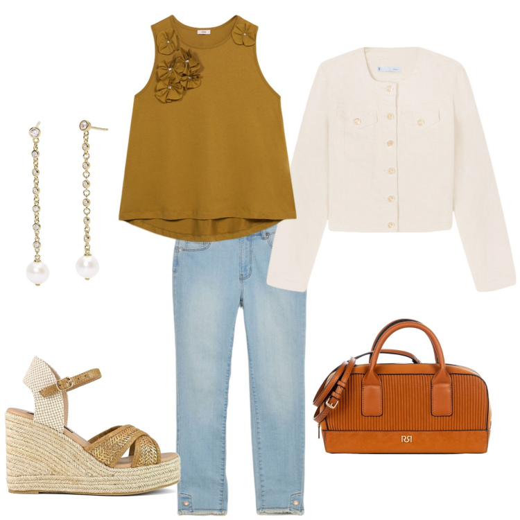 Outfit donna - Primavera in città. Stile Casual chic per Tutti i giorni. Abbinamento con orecchini, borse a mano, zeppe, jeans skinny, blazer, top.
