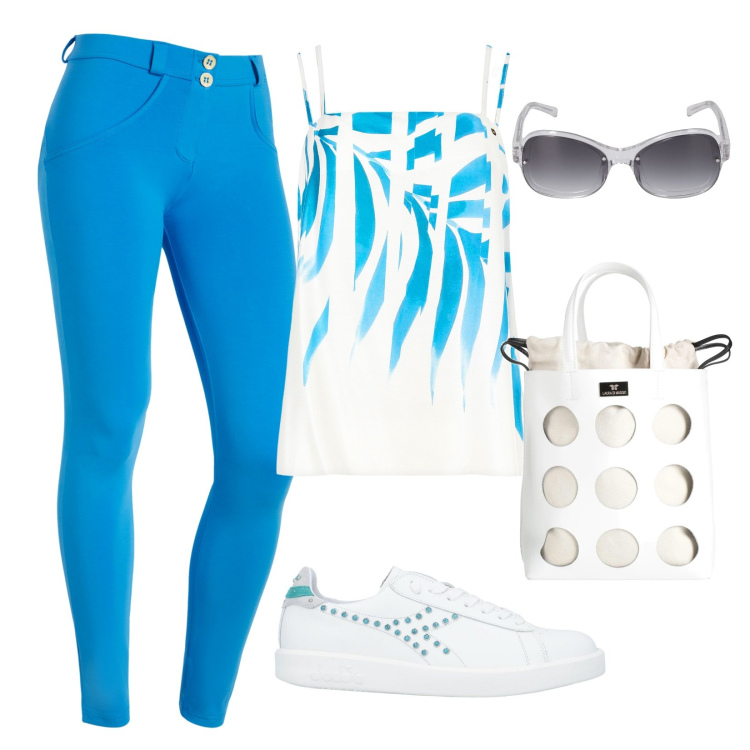 Outfit donna - Turchese e bianco. Stile Sporty chic per Tutti i giorni. Abbinamento con sneakers, borse a mano, top, pantaloni skinny, occhiali da sole.