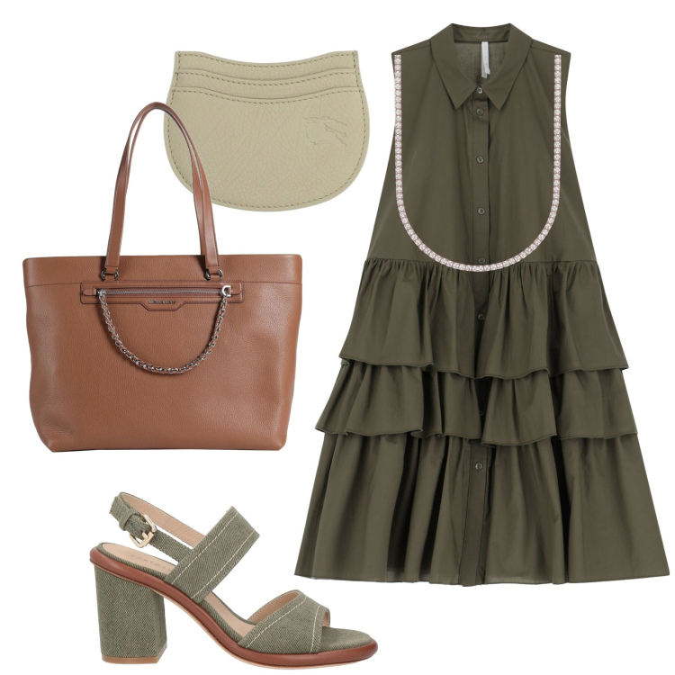 Outfit donna - È una bella giornata. Stile Trendy per Tutti i giorni. Abbinamento con sandali in pelle, borse a spalla, portafogli, collane, vestiti corti.