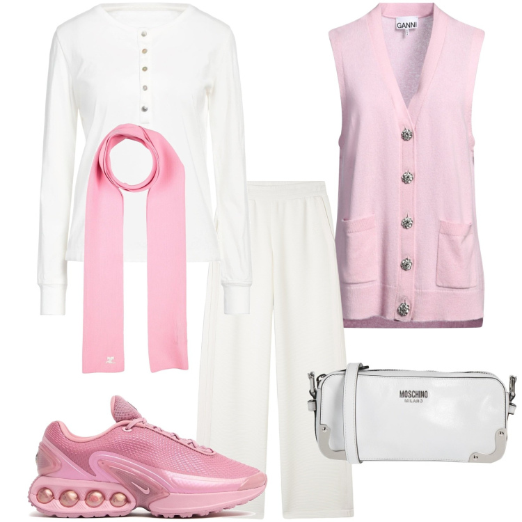 Outfit donna - Sporty chic. Stile Sporty chic per Tutti i giorni. Abbinamento con borse a tracolla, cardigans, t-shirt, sciarpe, pantaloni, sneakers.